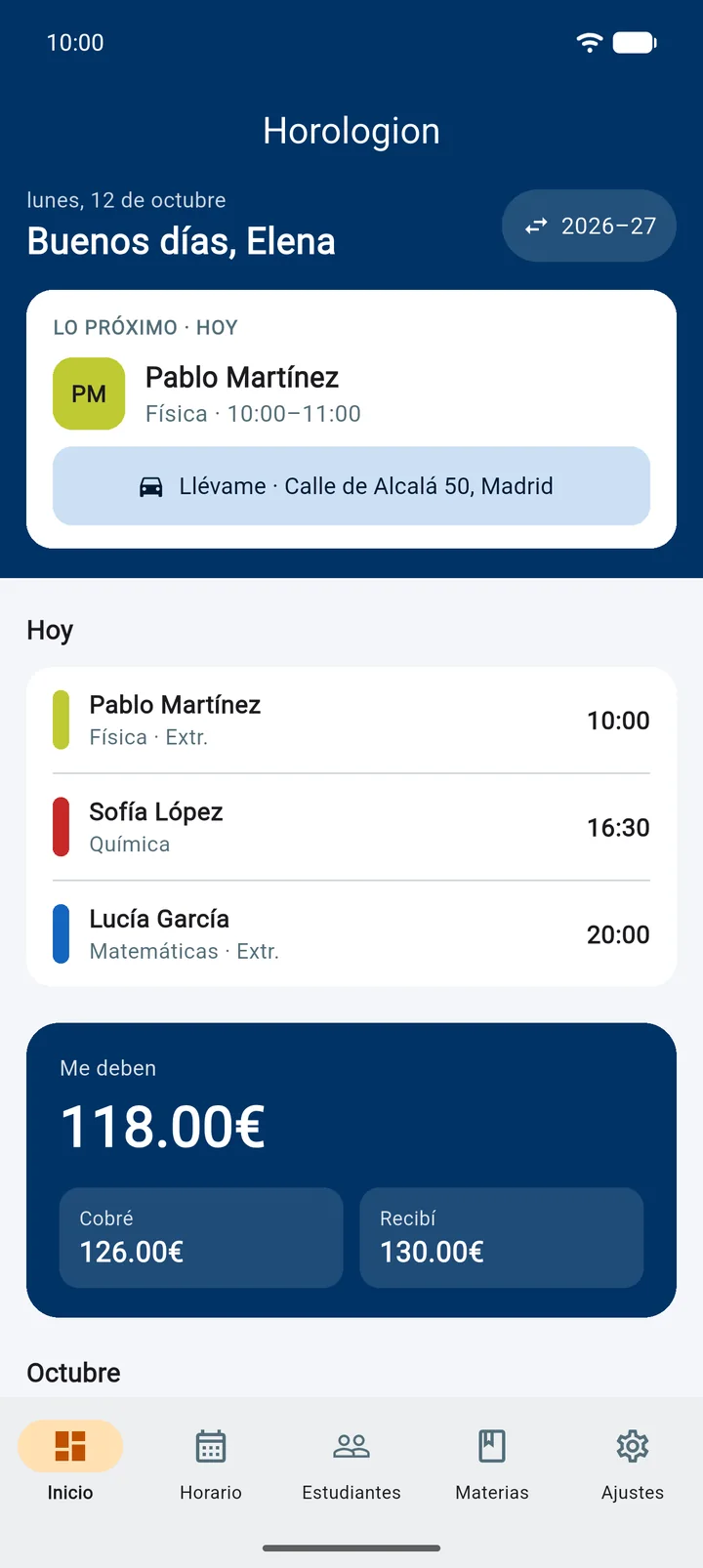 Inicio para profesores: próxima clase, hoy, lo que te deben