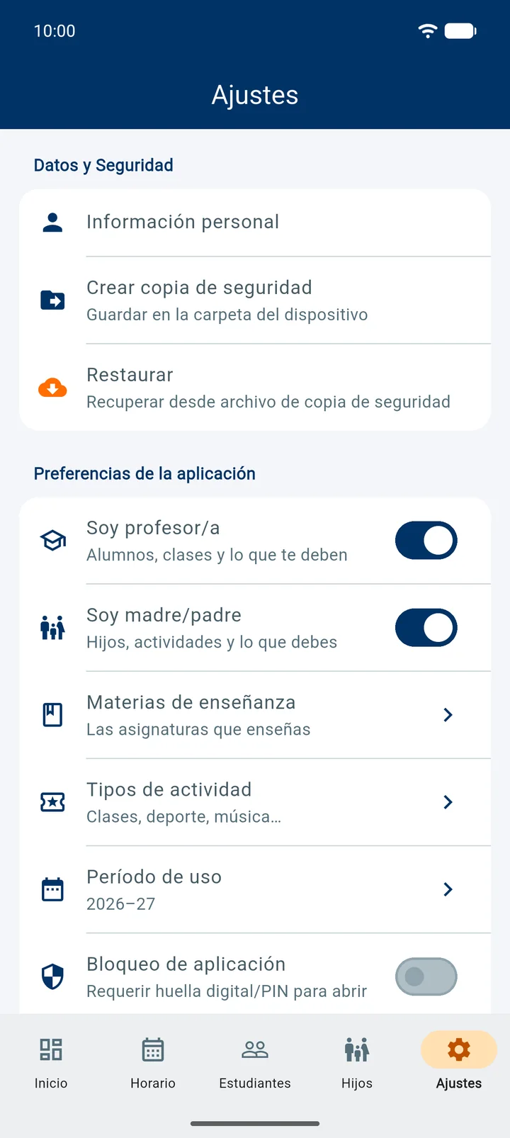 Ajustes: Soy profesor/a, Soy madre/padre