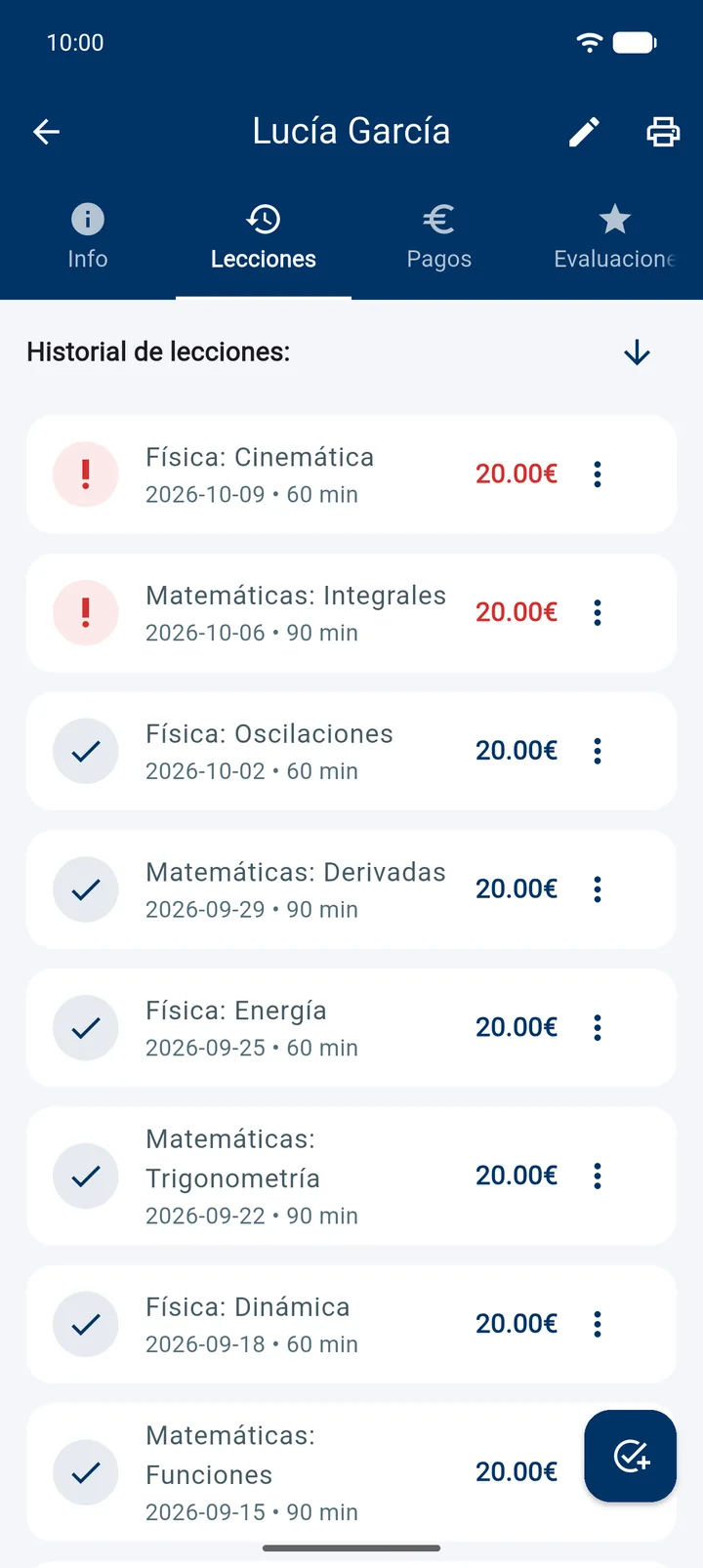 Las clases de un alumno, pagadas y sin pagar