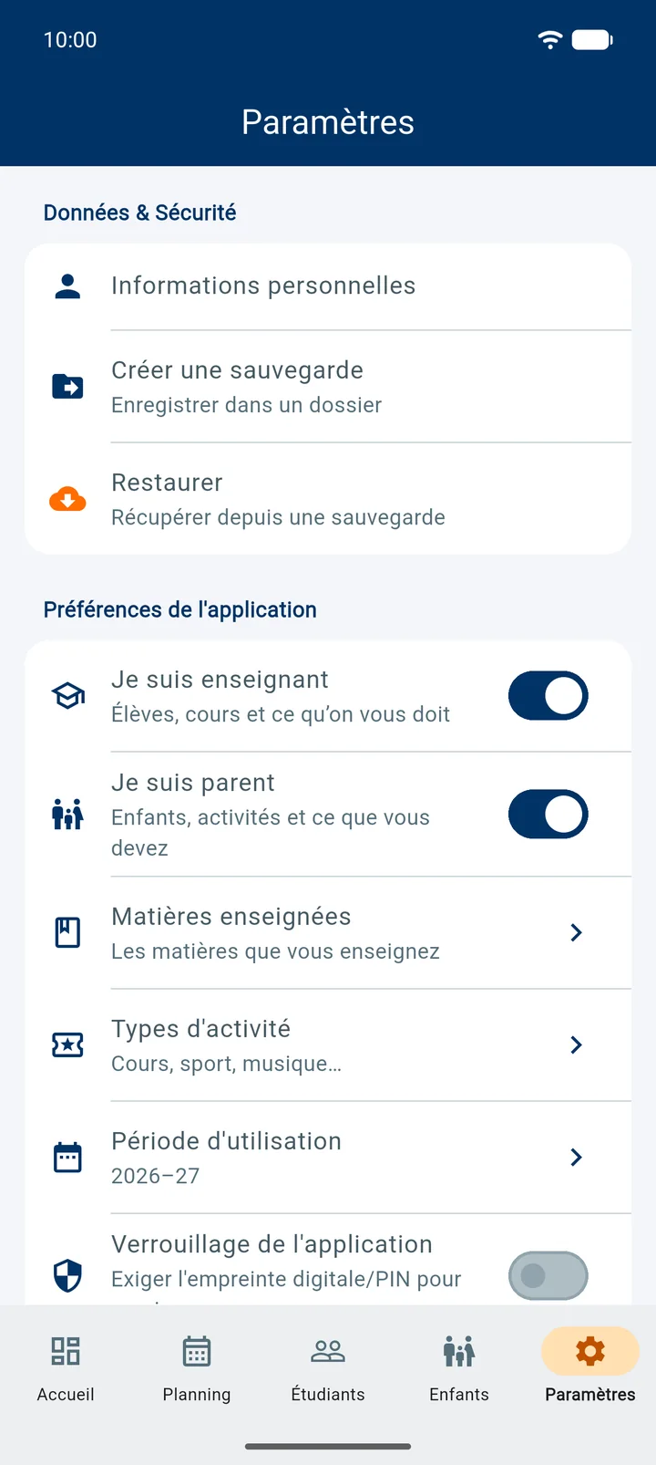 Réglages : Je suis enseignant, Je suis parent