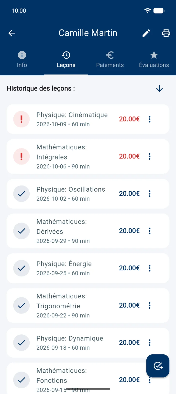 Les cours d'un élève, payés et impayés